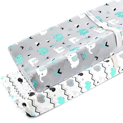 Image of Stretchy Changing Pad Covers for Boys Girls,2 Pack Jersey Knit,Elephant & Whale