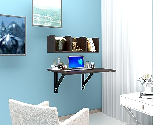 Image of Madhuran Engineered Wood Wall Mounted Laptop Study Table Desk with Books Storage Corner Shelf (Matte Wenge) Office Kitchen Students Reading Working Desk Organizer Work Home