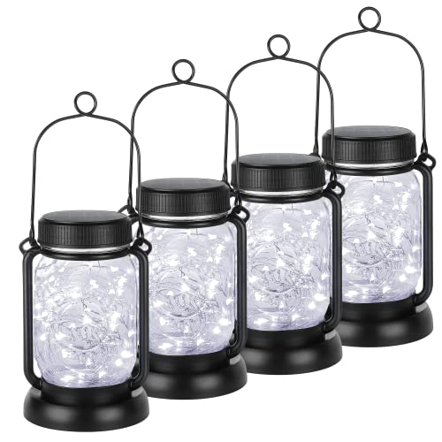 Mlambert Cool White 4 Pack Solar Hanging Mason Jar Lights with Stakes, Waterproof Decorative 30 LEDs Outdoor Solar Lantern Lamp Patio Garden Tree Yard