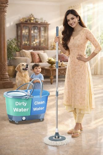 Image of V-MOP Premium Jumbo Double Bucket | Deluxe Double Color Mop with Floor Wiper Set, Cleaner & 3 Refill | Trolley Spin Mop-Magic-Floor ((6 Months Warranty on Rod Set))