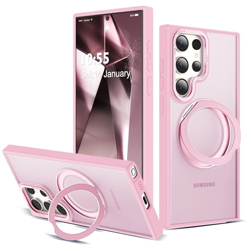 Image of Compatible with Samsung Galaxy S24 Ultra Case with 360Rotatable Magnetic Ring Stand Compatible with Mag-Safe Military Protection Matte Translucent Phone Cases for S24 Ultra 6.8 inch,Pink