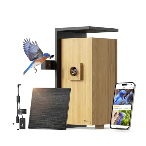 Birdfy Smart Bird House with Cameras 2025 New Version,1080P Dual-Cam, Remote Control,Solar Powered, AI Identify, Wireless Outdoor Watch Bluebird Cardinal Nesting Story in Realtime, DIY Gift (Bamboo)