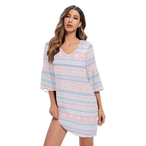 Vestido de gasa ligero con cuello en V que estiliza la silueta acampanada de rayas tribales