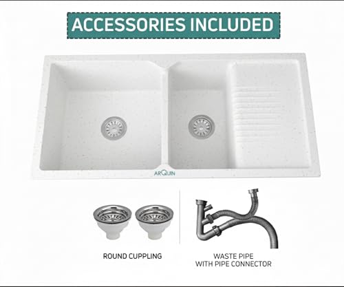 Image of ARQUIN Double Bowl Quartz with Drainboard Kitchen Sink 45x20x9 Inch Rosa | Undermount,Topmount | Including Coupling,Sink Connector,Waste Pipe & Fruit Washing Basket