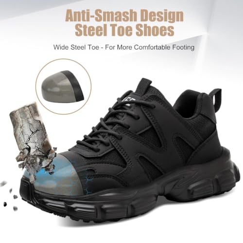 Steel Toe Shoes for Men Women , Black Work Shoes, Men Size 6 / Women 7.5 | Indestructible Comfortable Safety Sneakers, Lightweight Breathable Construction Shoes, Puncture Proof Ergonomic Design - image 3