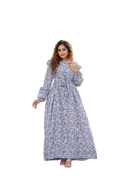 sarinku White Crepe Fabric no Transparency Umbrella Pattern Floral Print Bishop Sleeves with Elastic Cuffs Gown-picture-19