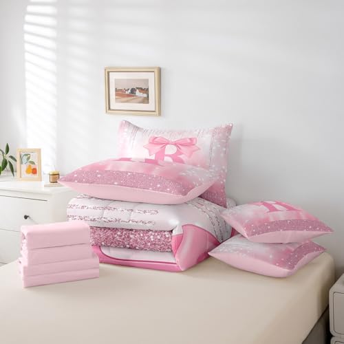 Image of Feelyou Boys Girls Pink Bowknot Bed in A Bag Full Size, Personalized Initial R 7 Pieces Bedding Set Kids Princess Glitter Comforter Set with Sheets Bow Monogrammed Teens Bed Set Bedroom Decor 7Pcs