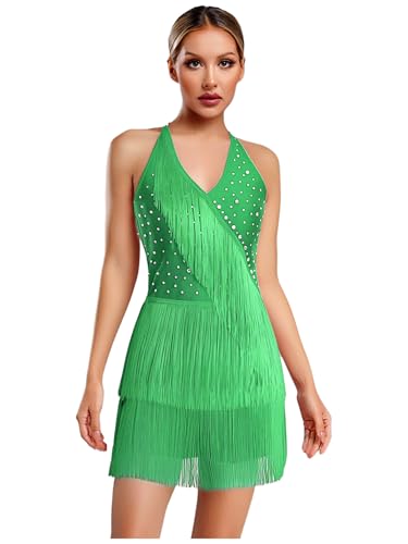 TSSOE Damen Ärmellos Tanztrikot Neckholder Jumpsuit Glitzer Overall mit Fransen Rückenfrei Gymnastikbody Latein Jazz Cha Cha Samba Salsa Tanzanzug...