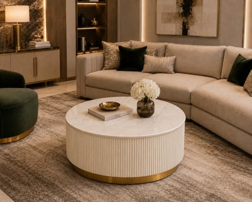 Image of Premium Luxury Marble-Top Wooden Center Table with Louvers & Acrylic Wooden Base | Premium Coffee Table for Living Room & Office (Cream)