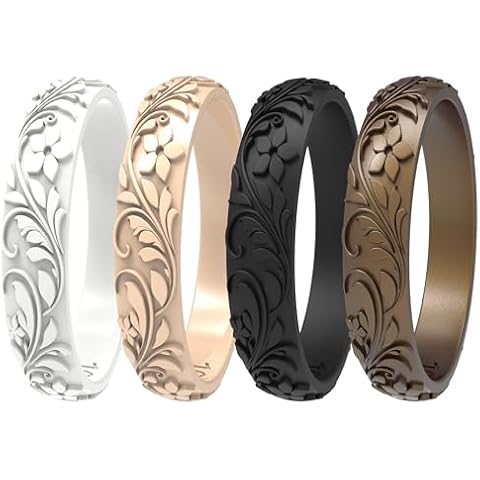 Zollen Women's Silicone Wedding Bands Set of 4/7 - Stackable Silicone Wedding Bands - Innovative Branches and Leaves Floral Collection,Size 06 Cover