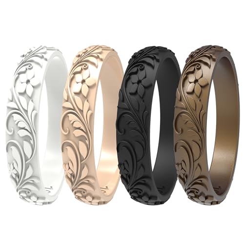 Zollen Women's Silicone Wedding Bands Set of 4/7 - Stackable Silicone Wedding Bands - Innovative Branches and Leaves Floral Collection