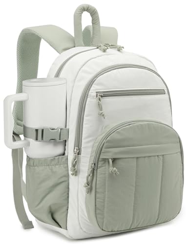 Image of Backpack for Women, Quilted Laptop Bookbag with Pouch Pockets for College Work Travel Gym Teacher Nurses, Puffer High School Backpack for Girls, Beige Green