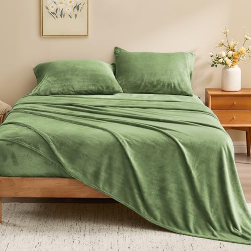Image of BEDELITE Flannel Sheets Full Size Green - Super Soft Fleece Sheets Set Fluffy Extra Plush, 4 Piece(Include Fitted Sheet, Flat Sheet, 2 Pillowcases)