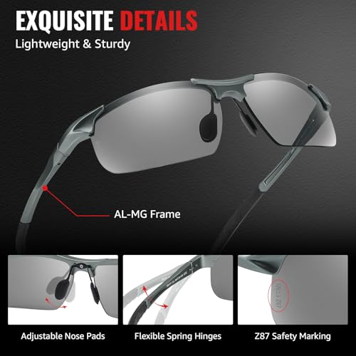 Image of TJUTR Mens Photochromic Sunglasses Day & Night Driving Z87 Sun Glasses Polarized UV400 Protection Safety Glasses