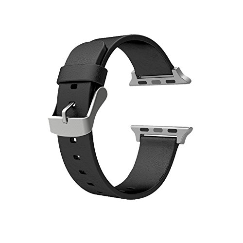 Wearlizer Genuine Leather Watch Band Replacement Strap w/ Metal Clasp for Apple Watch all Models 38mm Classic Buckle - Black