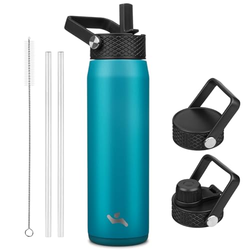 Image of Konokyo 25oz Insulated Stainless Steel Water Bottle with 3 Lids, Leakproof BPA-Free Bottle with Straw Lid, Sip Lid and Flex Cap for Gym, Travel, School, Office, Lake Blue