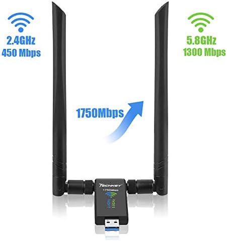 USB WiFi Adapter for PC, Techkey 1750Mbps Dual Band 2.4GHz/450Mbps 5GHz/1300Mbps High Gain 5dBi Antennas USB 3.0 Wireless Network Adapter for PC with Windows 11/10/8/7/XP/Vista, Mac OS 10.9-10.15