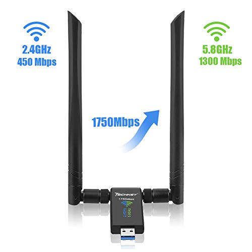 USB WiFi Adapter for PC, Techkey 1750Mbps Dual Band 2.42GHz/450Mbps 5.8GHz/1300Mbps High Gain 5dBi Antennas USB 3.0 Wireless Network Adapter for Desktop Laptop with Windows 10/8/7/XP/Vista, Mac OS - Thumbnail 3