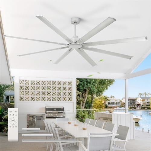 YYEHON 84 inch Large Ceiling Fans No Lights，Industrial Ceiling Fan with 8 Aluminum Blades,3 Downrod，6-Speed Remote Control, Home or Commercial Ceiling Fan for Porch，Garage，Shop