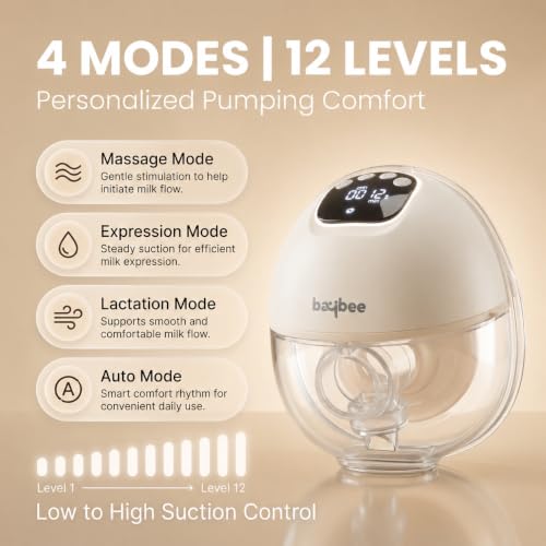 Image of Baybee Elora Pro Breast Pump Electrical Machine for Mothers | Ultra-Quiet BPA-Free Breast Milk Pump with 4 Modes (Massage, Expression, Lactation, Auto) | 12 Suction Levels | Electric Wearable Breast Pump with 180ml Capacity & USB-C Fast Charging | Smart Auto Stop Safety Function (20-Min Auto Shut-Off)