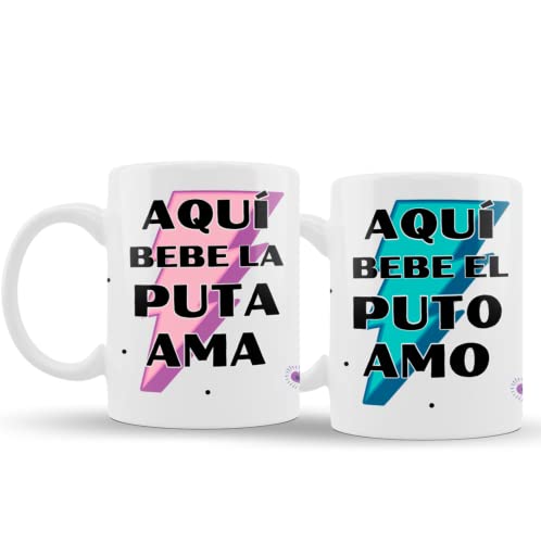 Tazas a duo Aquí bebe el puto amo y la puta ama/ Taza desayuno con frase original y divertida para compartir Cover
