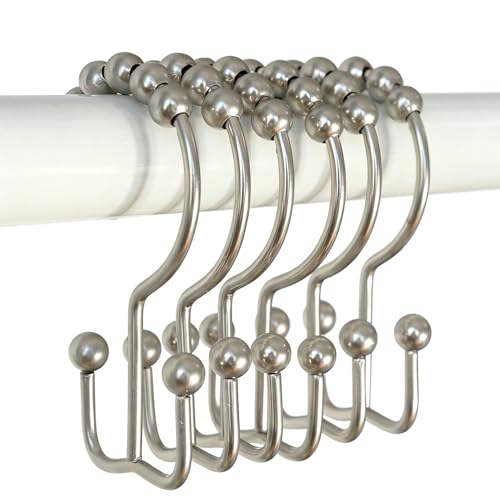 Baires Bath Shower Curtain Hooks, Stainless Steel Double Glide Rings, Polished Nickel, 12 Pack, Rust-Resistant, Universal Fit