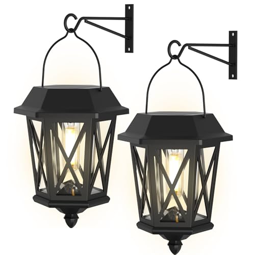 Solar Lights Outdoor Garden Waterproof,2 Pack Solar Lantern Outdoor Hanging Solar Lights, Metal Solar Lights Outdoor with Clear Glass, LED Solar Powered Lights for Decoration Garden, Black