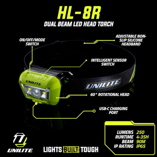 Image of Unilite HL-8R USB Rechargeable Dual Beam Sensor Head Torch | 475 Lumen | 6500k | 4 to 35 Hours Run Time | 90 Meter Beam Range | IP65 IK07