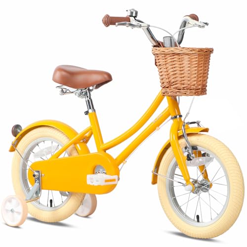 Glerc 12 Zoll Kinder Mädchen Fahrrad für 3 4 5 Jahre alt kleine Mädchen Retro Vintage-Stil Fahrräder mit Korb Training Räder und Glocke, Gelb