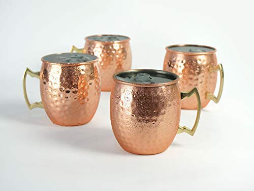 PG Set of 4 Classic Hammered Copper Plated Moscow Mule Mug with Brass