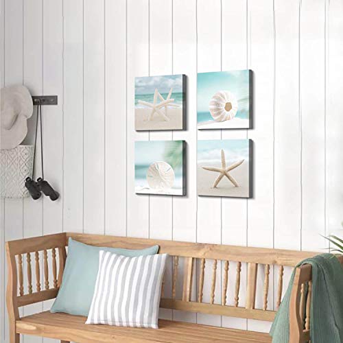 ARTISTIC PATH Seashell Picture Canvas Wall Art: Beach Themed Artwork Painting Print for Wall Decor for Dining Room (12" W x 12" H x 4 PCS, Multi-Size) - Image 4