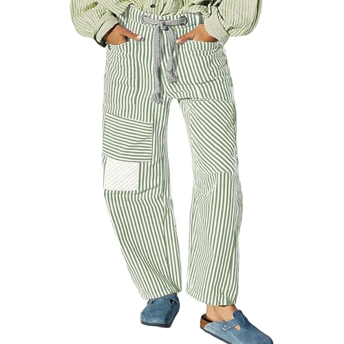 Womens Barrel Striped Jeans Tie Front Baggy Casual Denim Pants Trendy Wide Leg Boyfriend Jean Trouser