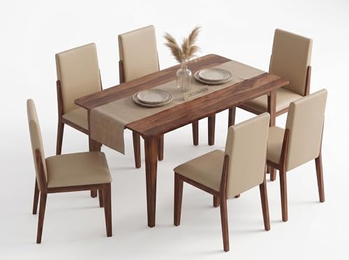 Image of DecorNation Italiana Solid Wood Dining Room Set for Home, Living Room- Dining Table with Cushioned Chairs (Walnut, 6 Seater)