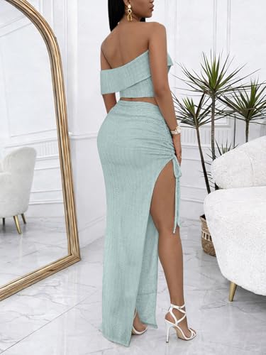 Image of Sexy 2 Piece Maxi Skirt Sets for Women Off Shoulder Crop Top Bodycon High Slit Skirt Beach Dresses Summer Outfits