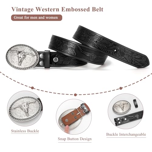 Image of VONMELLI Western Belt for Men Women, Embossed Leather with Bull Buckle