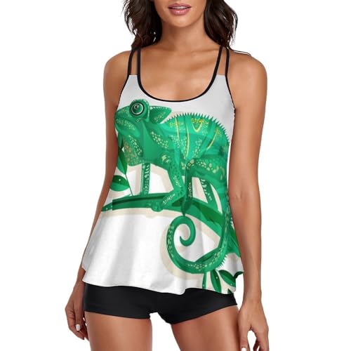 Maillot de bain tankini vert caméléon sculptant silhouette avec short de garçon femme