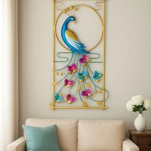 Image of PEDEX - Metal Peacock Leaf Wall Art Handcrafted Multicolor Wall Hanging Decor for Living Room, Bedroom, Office, Hotel - Modern Home Decoration Frame (Each Size 22x42 inch)