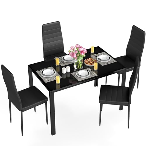 FDW | Dining Table Set for 4 | 5-Piece Glass Black Dining Table | Kitchen Table with 4 Upholstered Chairs and Faux Leather Cushions | Space-Saving and Modern Design | for Dining Room, Easy to Assemble