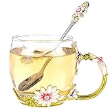 Tea Cup with Enamel Spoon, Coffee Mug Cup for Mother's Day, 12oz Lead Free Flower Mug with Handle for Birthday Gifts