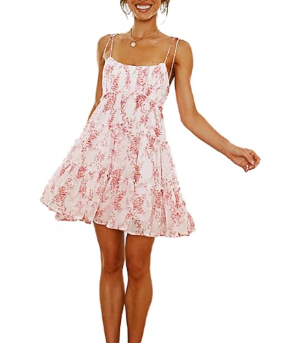 Image of kinstell Women's Boho Spaghetti Strap Ruffle Square Neck Bowknot Backless Sleeveless Elegant Flowy Mini Short Skater Dresses