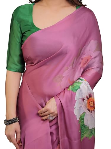 Image of ALMAARI FASHION Satin Georgette Floral Printed Saree with Blouse, Pink, 5.5 Meter Saree with 0.8 Meter Blouse