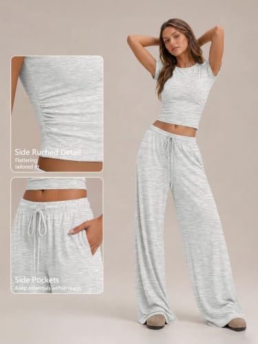 Image of Trendy Queen 2 Piece Matching Summer Lounge Set Womens Side Ruching Top Wide Leg Pants Sets with Pockets