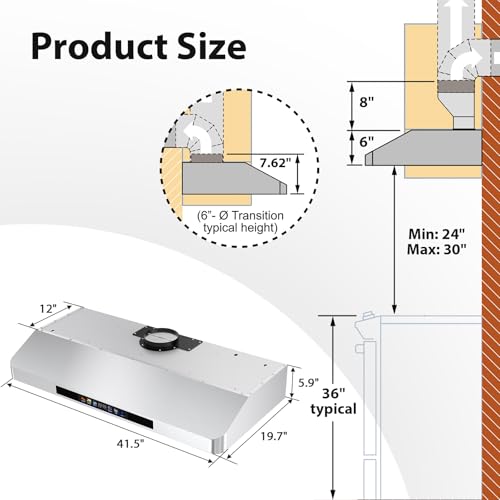 Image of Tieasy 42 Inch Under Cabinet Range Hood, 900 CFM Smart Kitchen Vent Hood with Voice /Gesture /Remote /Touch Control, Dual Motor Stove Hood with 4-Speed, LED Lights, Works with SmartLife, Google & Alexa