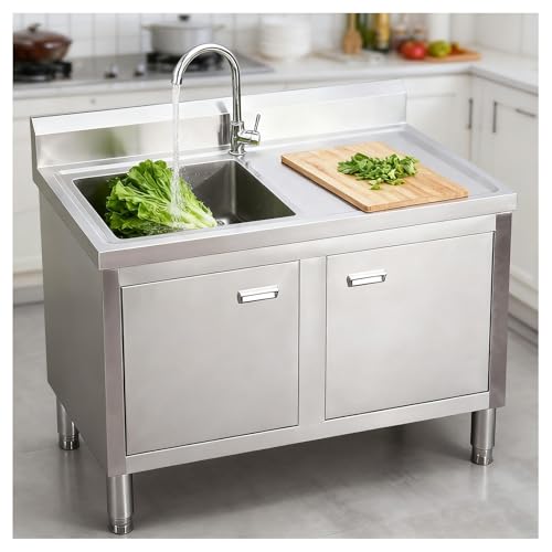 DHNDSDP Tavolo da Lavoro Cucina con Lavello Piano di Acciaio Inox Alzatina Finitura Spazzolata Piedini Regolabili Guide a X Angoli -traboccamento Maniglie per ante H 80cm