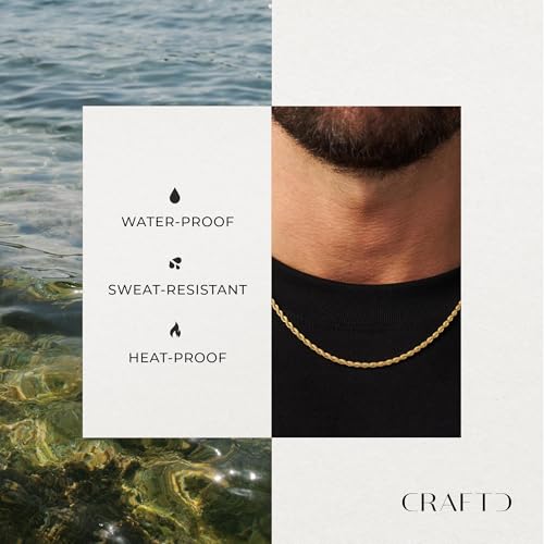 CRAFTD | Gold Rope Link Chain | Durable 18K Gold & 316L Stainless Steel | Waterproof, Heat & Sweat Resistant | Gifts for Men | Men's Jewelry |3