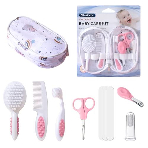 Satiskid Baby Pflege und Hygieneset, tragbares Baby Sicherheitsset mit Kamm, Bürste, Nagelknipser, Nagelschere, Nagelfeile, Zahnbürste, Fingerzahnbürste für Neugeborene (Rosa)