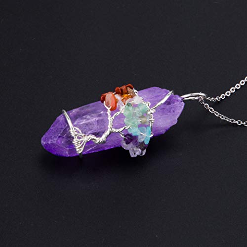 Bivei Tree of Life 7 Chakra Gemstone Copper Wire Wrap Irregular Clear Quartz Point Crystal Pendant Necklace(Silver Plated Chakra-Titanium Coated Purple) - Thumbnail 3