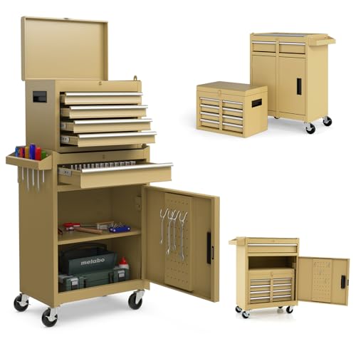 SOARS Carrello Porta Attrezzi con Ruote, 5 Scomparti, 2 Ripiani, Porta Attrezzi da Lavoro Rimovibile & Carrello Inferiore, Bloccabile, 59 X 28 X 102 CM, per Garage, Officina, Casa (Giallo)