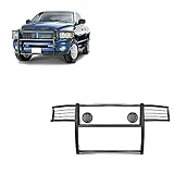 Black Horse Grille brush Bumper Guard Modular Black Come with Pair of 5.3" Dia.LED Lights with Black Trim Rings Compatible with 2003-2005 Dodge Ram 1500/2500/3500-17DG105MA-PLFB