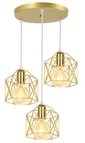 PETITES ECREVISSES Lampadario a Sospensione Vintage 3 Luci Industriale E27 Plafoniera Retro in Metallo gabbia Lampada da soffitto per Cucina Salotto (Oro - con una base rotonda)